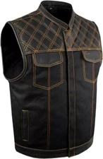 Men's Black Denim & Leather Vest Club Concealed Carry Gun Pockets Multicolor