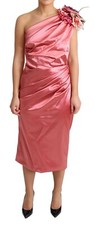 DOLCE & GABBANA Dress Pink Draped Midi Flower Appliques IT46/US12/XL RRP $5500