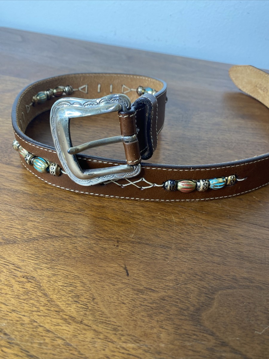 Brighton Brown Leather Belt Western Silver Beaded Whip Stitched Cowgirl Sz S 8F203F0C-D268-4BE7-B007-  main image 4