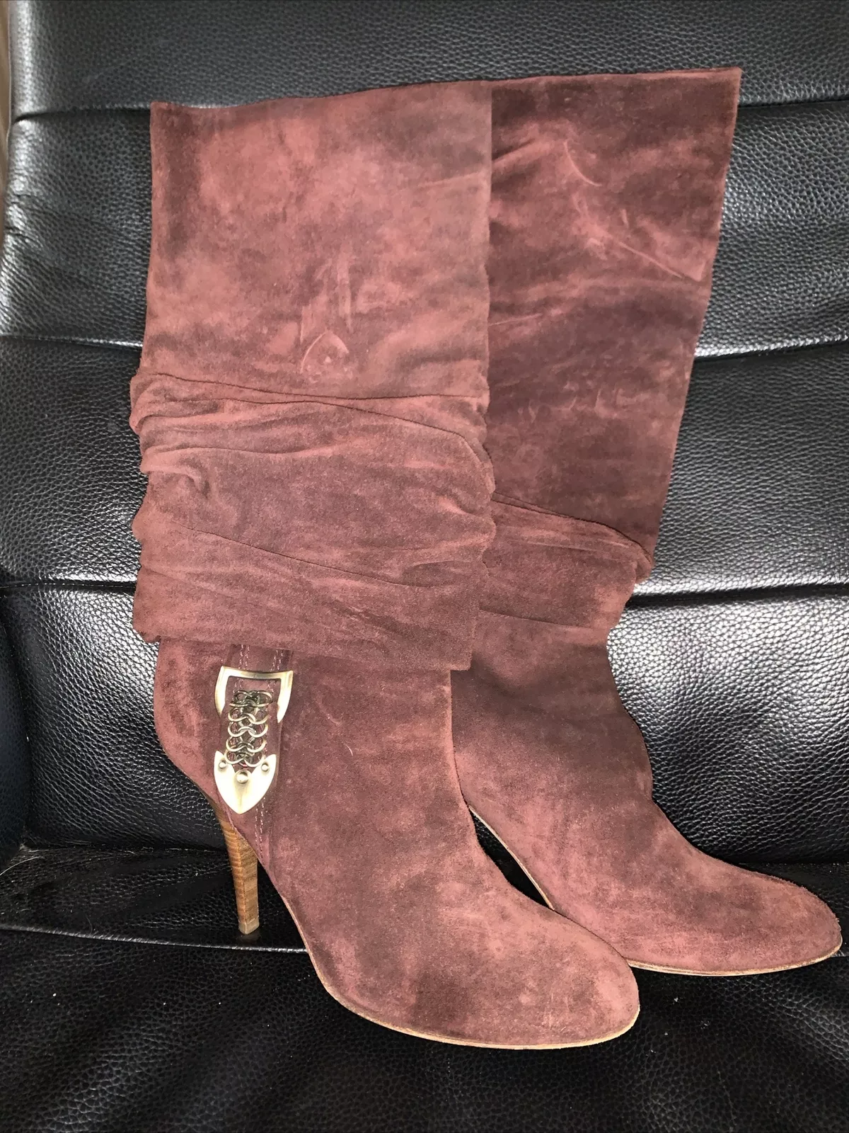 AUTHENTIQUE : Bottes hautes genou chaîne Dior marron bourgogne colline