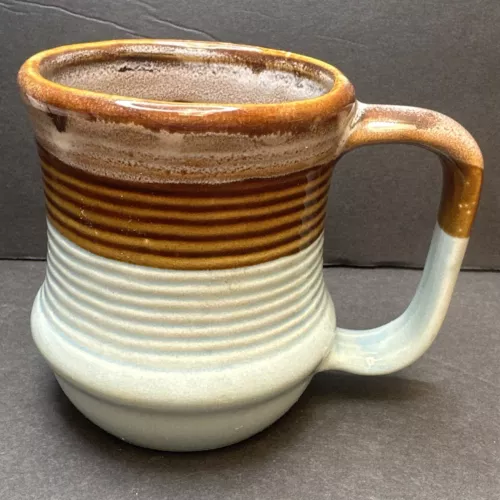 VINTAGE STONEWARE DRIP GLAZE COFFEE MUG 8 OZ BROWN Blue Aqua￼ Ribbed Taiwan ￼EUC