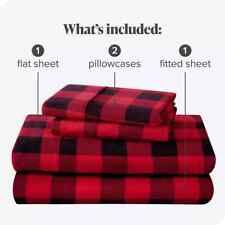BLACK AND RED BUFFALO PLAID MICROFIBER 4PC BED SHEET SET in QUEEN and KING SIZE