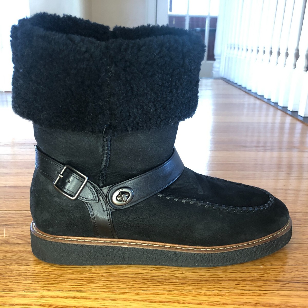 Coach Moto Shearling Women Size 11 B Winter Boot Turn Lock Harness Black  Suede