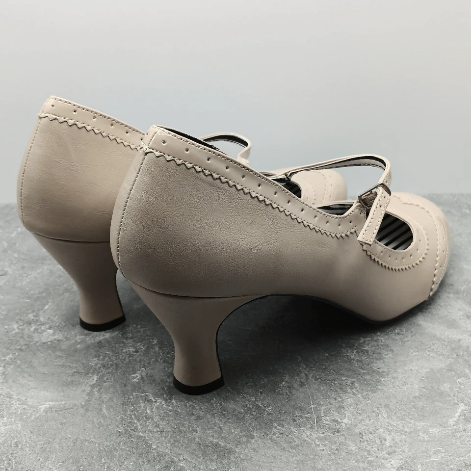 Nuevo sin etiquetas Pleaser Jenna 06 imitación cuero crema Mary Jane bomba gatito tacones talla 16 Foto 3 de 4