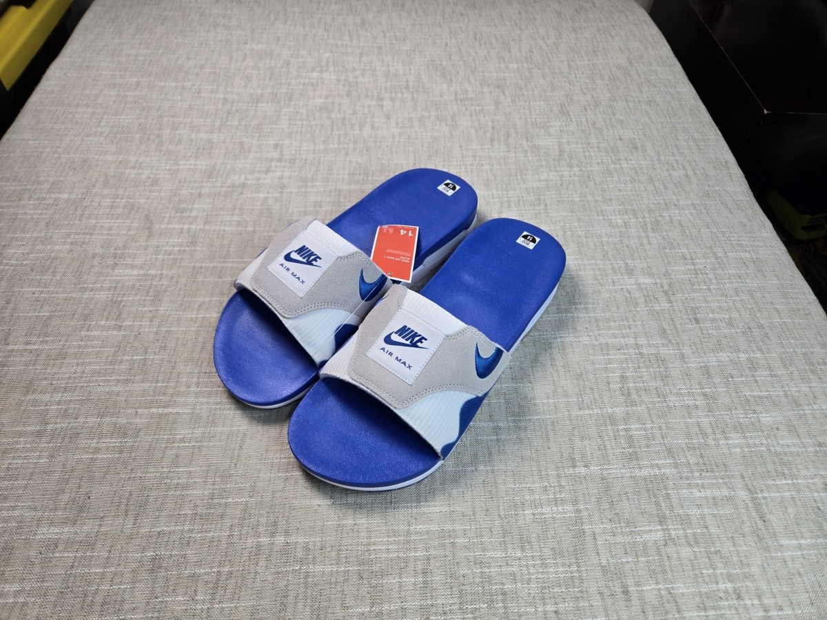 NIKE Air Max 1 Slides Sandals Size 14 Mens White Royal Blue Gray