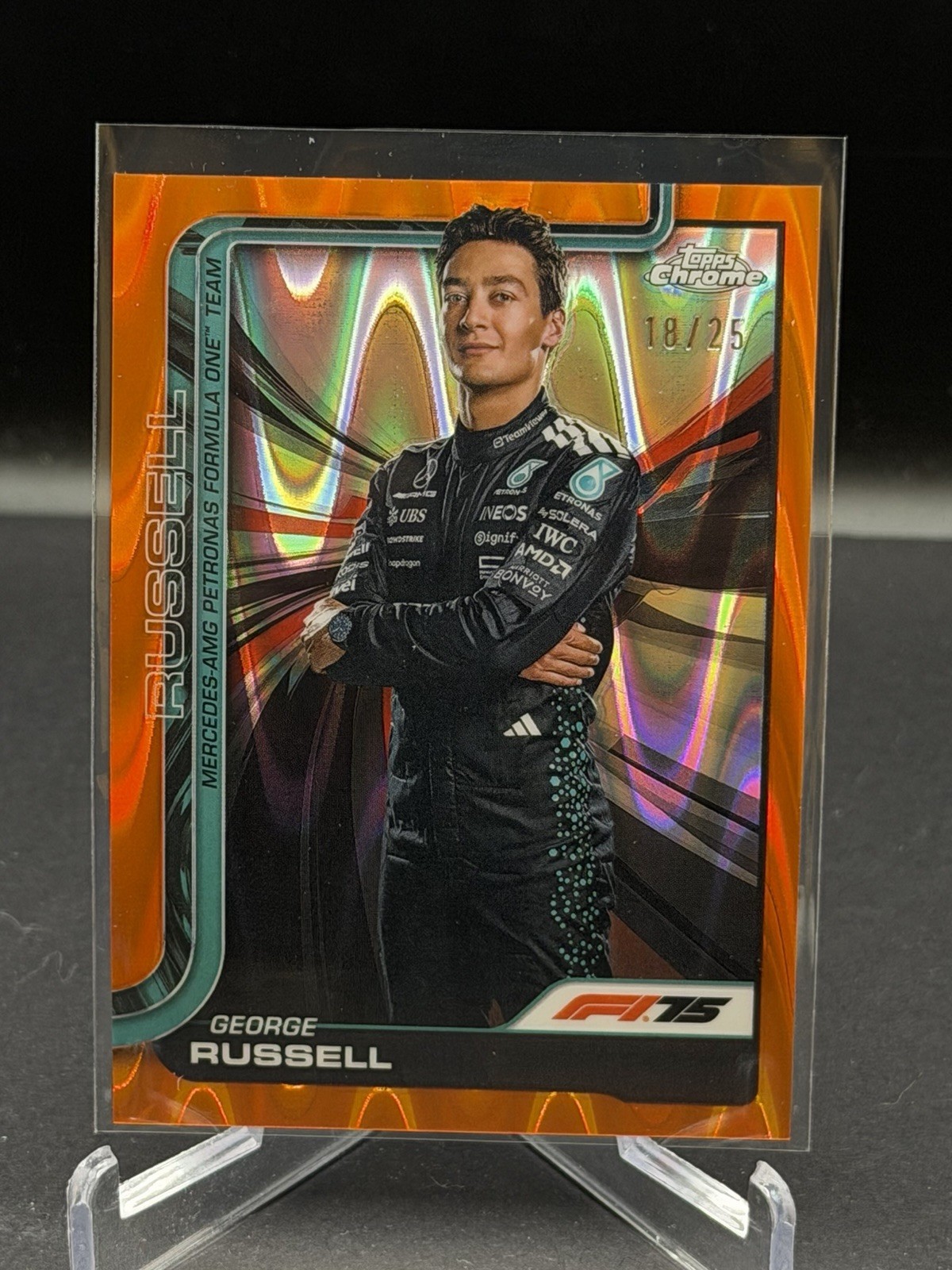 2025 Topps Chrome F1 George Russell Portrait #7 Orange Raywave Refractor /25