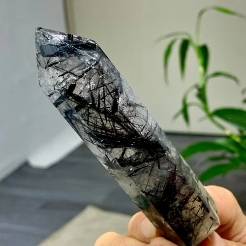 149G Natural black hair crystal phantom obelisk mineral specimen healing