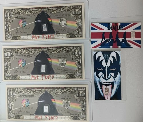 5-grain .999 Fine Silver Play Money & Cards Pink Floyd, Gene Simmons, Beatles