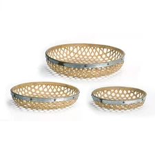 Melrose Round Woven Bamboo Tray with Galvanized Metal Accent (Set of 3)