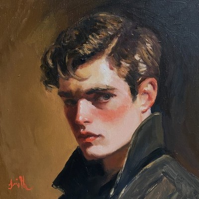 Original oil painting Vintage style Dark Haired Young Man Portrait. Framed.