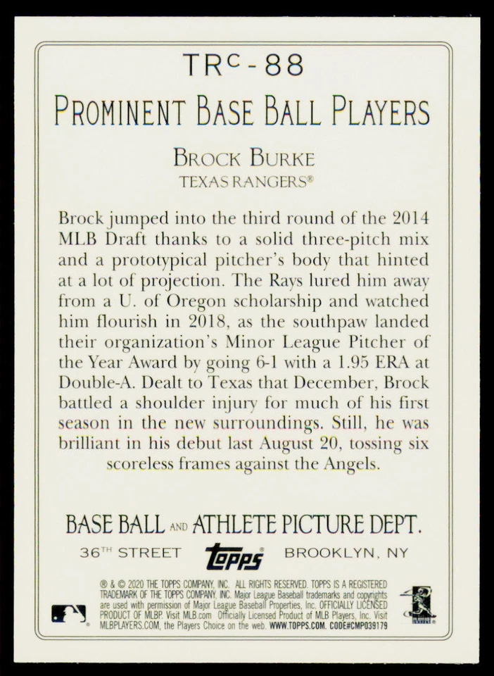 2020 Topps Brock Burke TRC-88 Turkey Red 2020 Chrome (Series 2) Texas Rangers - Image 2 of 2