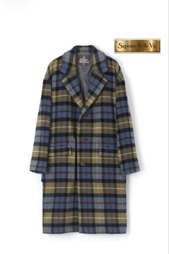 Vivienne Westwood Man, Vivienne Westwood Mens Blue Green Tartan Plaid Wool Long Single Breasted Coat
