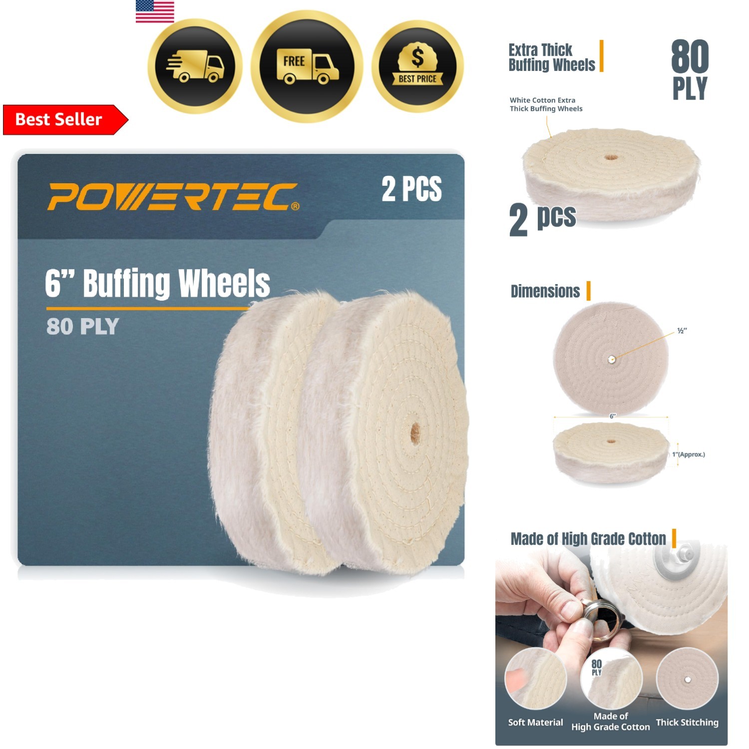 Buffing Wheel 6 Inch Cotton Spiral Sewn Extra Thick 80 Ply f