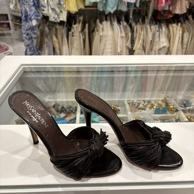 SAINT LAURENT YSL Heel Mule Woven Sandal 36 EU (US 6)  $1450 Chocolate Bow