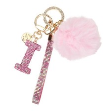 Initial Letter I Keychain with Pom and Rhinestone Wristlet, Pink