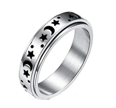 Stainless Steel Fidget Spinner Ring Moon Stars Silver Black Band Size 7