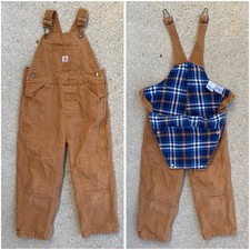 Carhartt Brown Tan Bib Overalls Flannel Lined Double Knee Boys 4T Duck Farm