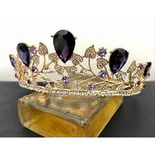 Dark Purple Rhinestone Gold tone Metal Tiara Crown New