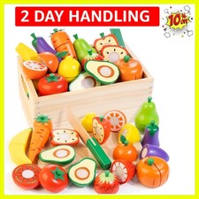 Wooden Play Food for Toddlers, Fruit and Veggies Cutting Set for Kids, Preten...