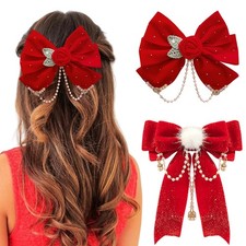2 Pcs Red Velvet Hair Bows Rose Peal Tassel Hair Clips Fluffy Tassel Bow Pony...
