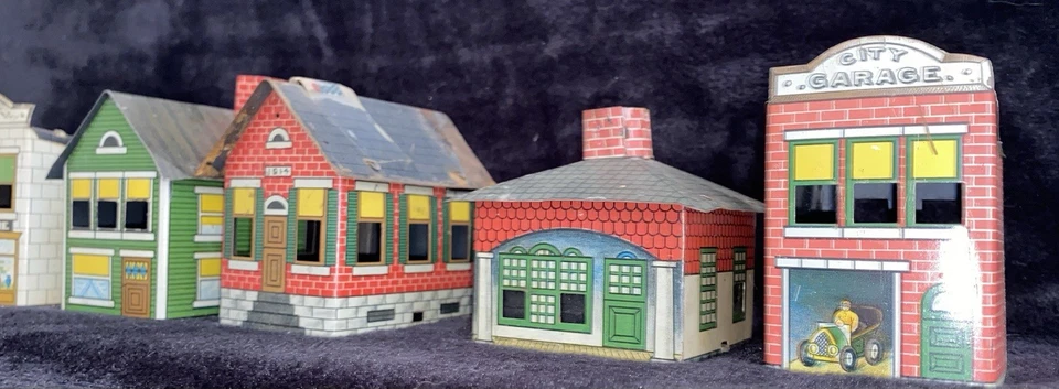 Antiguo contenedor de dulces litográficos de hojalata West Brothers edificios de metal tiendas y más Foto 4 de 4