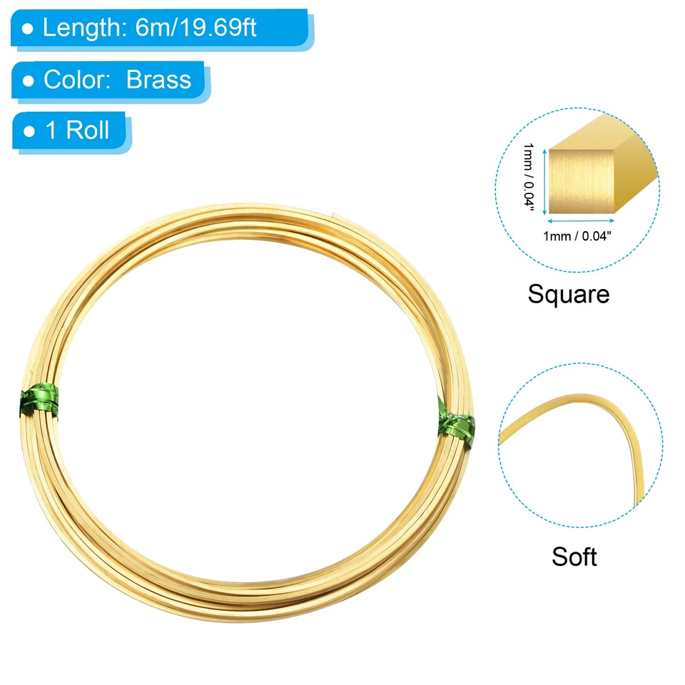 Alambre de latón suave 1 rollo 18Ga/1x1 mm 6 m/19,69 pies alambre artesanal cuadrado latón Foto 2 de 4