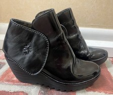Fly London Yama Black Patent Leather Wedge Ankle Boots Women's Size 38 (7.5)
