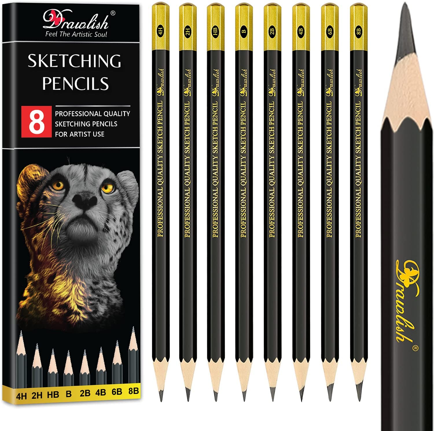 Sketching Pencils Set of 8 - B, 2B, 4B, 6B, 8B, 1 count (Pack 8), Black
