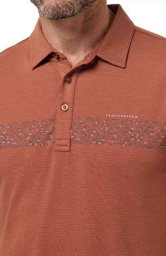 $99 NWT Travis Mathew Men's Size L The Heater Chest Stripe Golf Polo Color Maple