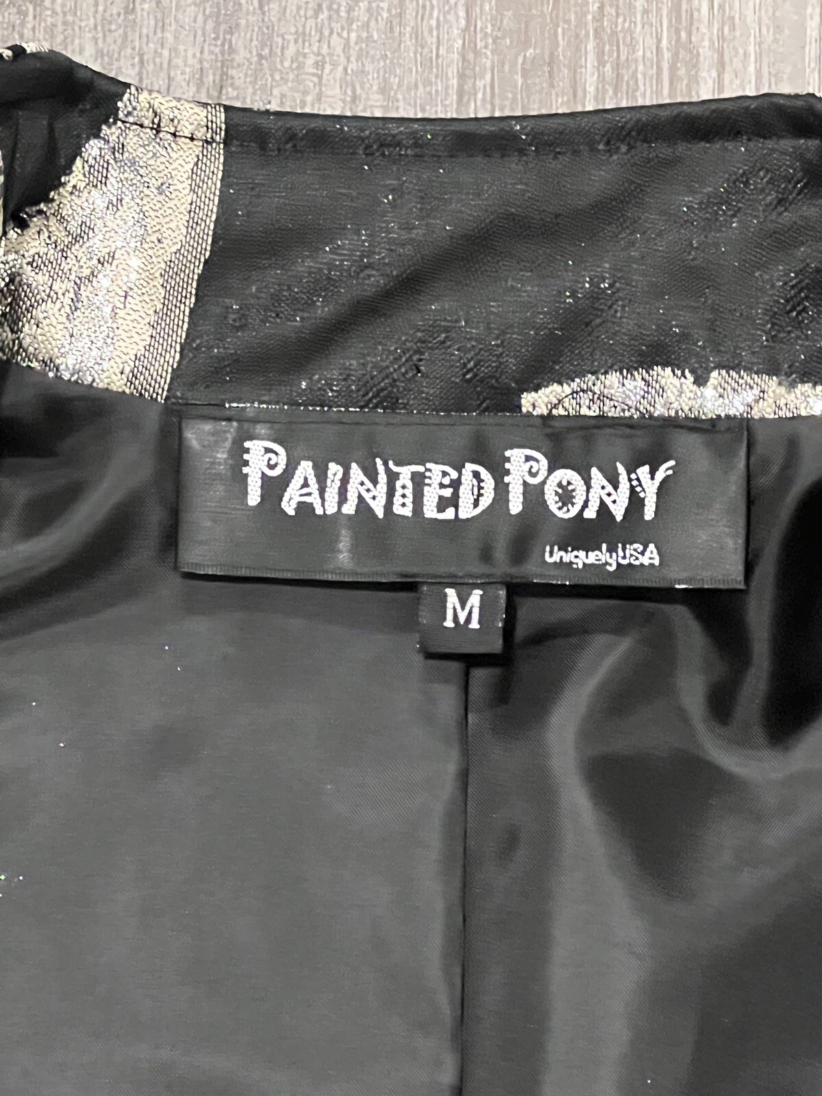 VTG PAINTED PONY USA Women’s Medium Open Blazer Jacket Black G Sparkle Leaf