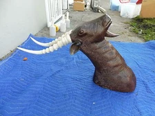 FAB LARGE VINTAGE 70'S STYLE WHIMSICAL CARVED WOODEN TROPHY MALE IBEX HEAD