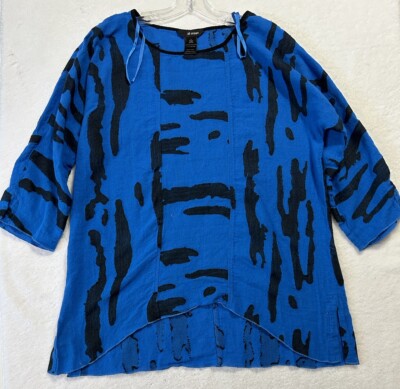 Ali Miles Womens Size L Blue Black 3/4 Sleeve Linen Blend Scoop Neck Top (M2)