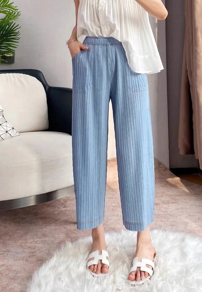 Pleats Please Issey Miyake Fabric Pleated Trouser, Denim Like Pleated Pants