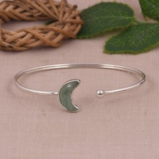 Green Strawberry Quartz Crescent Moon With Tiny Ball Women's Silver Cuff Bangle