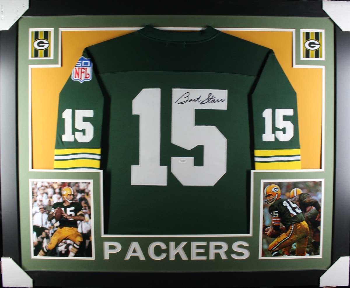 Bart Starr Autographed Pro Style Framed Green Jersey 35x43 JSA