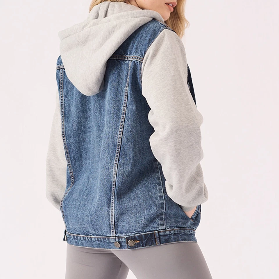 JMOJO Womens Denim Jacket Mid Blue Wash Pullover Hoodie Sweatshirt Jumper UK - Image 3 of 4