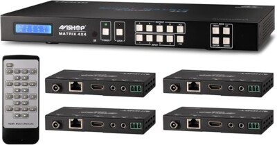 4x8 4x4 4KHDBaseT HDMI Matrix Switcher w/ 4 PoC HDBasT Receivers (CAT5e or CAT6)