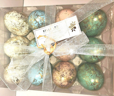 GOLD FOILED SPECKLED EASTER EGGS. BLUE, CORAL, AQUA & WHITE.  BOX 12. 3'' X 2''  