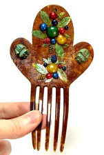 GORGEOUS! Antique VICTORIAN CELLULOID HAIR COMB Fruit w/ Scarab Beetle Design!