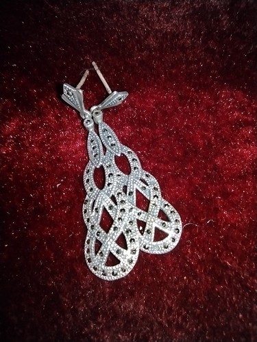 Antique STERLING & MARCASITE Earrings Many Stones Woven Knotted Fine Drop Beauty - Picture 11 of 12
