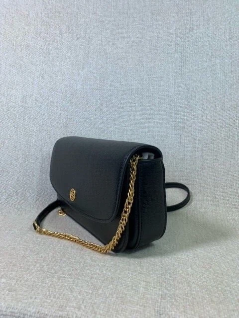 NUOVO portafoglio mini borsa a tracolla tracolla Tory Burch Robinson in pelle nera con catena