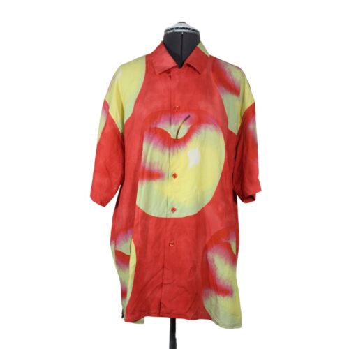 Tulliano men's apple print short sleeve button front loop collar silk shirt XL - Afbeelding 1 van 13