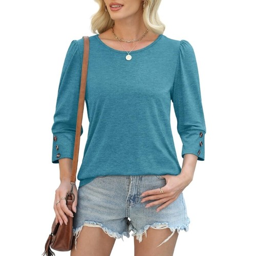 3/4 Puff Sleeve with Buttons T-Shirt for Women Crew Neck Curved Hem Top Blouse - Picture 5 of 48