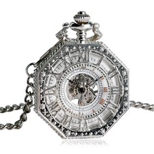 Mens Silver Mechanical Pocket Watch with Chain Classic Hand Winding Fob Watches