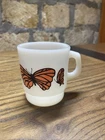 Vtg MCM Fire King Milk Glass Orange Butterfly Coffee Mug Anchor Hocking USA