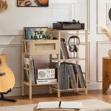Record Player Stand, Natural Oak Wood Record Holder with Vinyl Storage Holds up