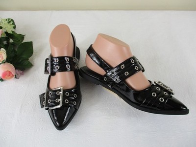 Madden Girl Vardan sz 6.5M Black Patent Pointed Toe Slingback Flats, Grommets