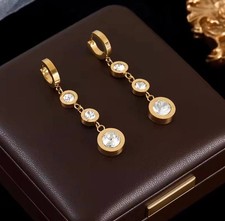Gold Stainless Steel Crystal Dangle Earrings Drop Huggie Hoop Jewelry Women