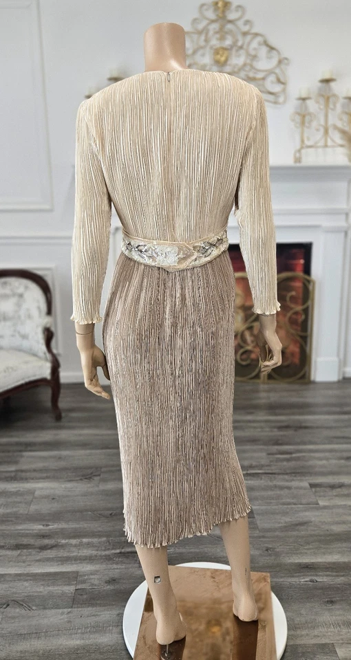 Vestido de festa cinza rosa vintage anos 80 bege acastanhado cetim lantejoulas cinto tamanho 6 - Imagem 3 de 3