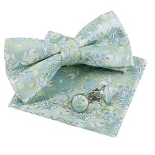 Mens Floral Pre Tied Bow Tie Pocket Square Cufflinks Set Stylish Wedding